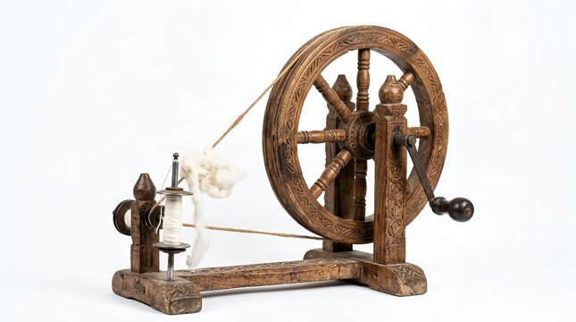 Traditional Pakistani wooden charkha spinning wheel isolated on a clean white background for textile and craft concepts