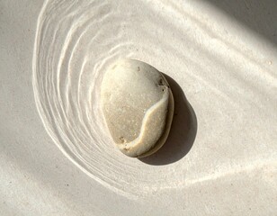 Obraz premium Smooth light grey pebble stone casting a shadow on a serene white surface with delicate wavy light patterns, creating a peaceful and minimalist natural abstract composition