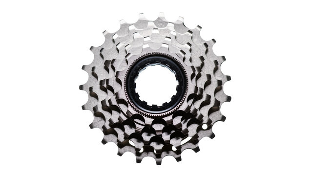 Isolated modern bicycle cassette with multiple sprockets, essential metal gear mechanism for bikes