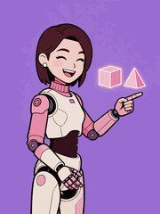 Fototapeta premium Happy female robot presenting glowing geometric shapes