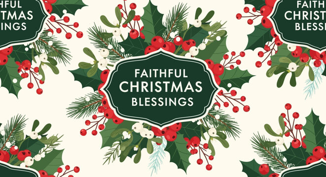Festive Christmas Garland with Holly, Berries, and 'Faithful Christmas Blessings' Text