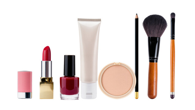 Isolated collection of essential beauty and cosmetic products for women's daily makeup routine