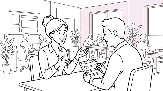 Job interview illustration with HR manager taking notes while talking to a female candidate in a busy modern office background, clean line art style.