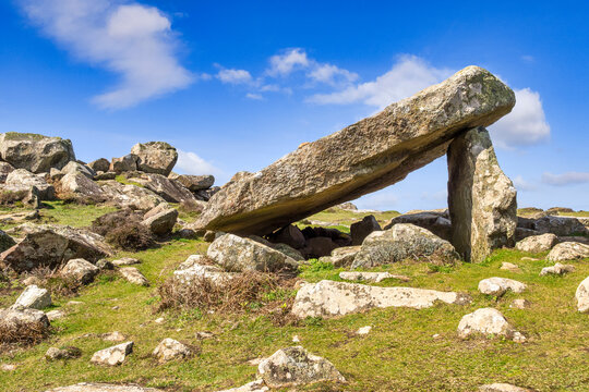 Coetan Arthur, Neolithic dolman on St David's Head on the Pembrokeshire coast, Wales, bright sunny day, deep blue sky. Can be visited from the Wales coast path.