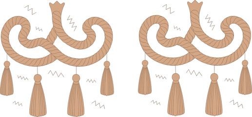 Decorative brown rope knot vector illustration with hanging tassels and zigzag accents isolated on white background for design projects © Md