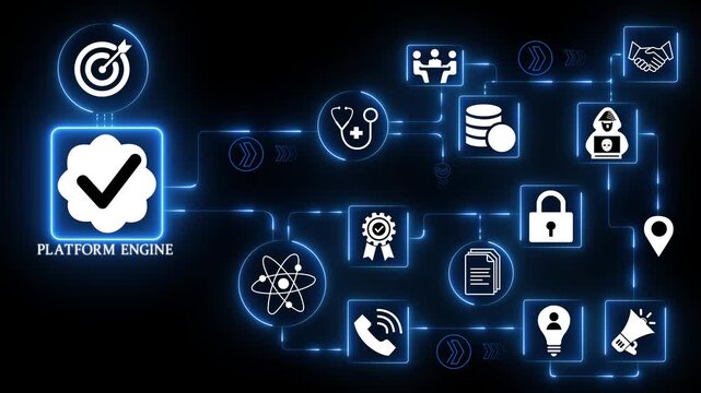 Platform engine technology icons network with system processing core icon illustrating software infrastructure performance and application execution interface motion.