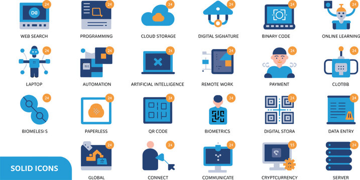 Flat digital technology icon set featuring cloud storage artificial intelligence programming web search and online learning elements for modern business design