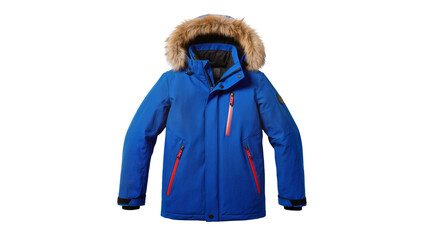 Isolated blue children's winter parka jacket with fur trim hood and bright red zippers © Conor