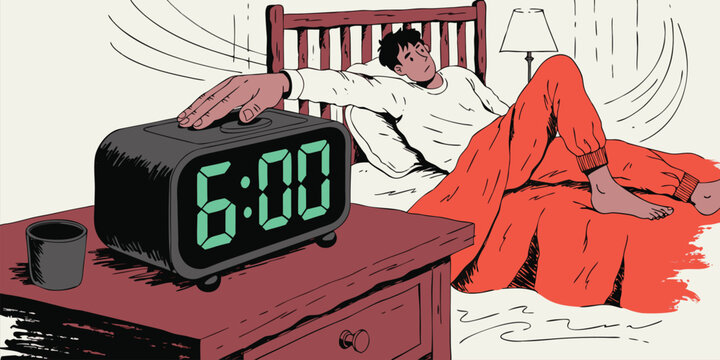 Illustration of a tired man reaching for a digital alarm clock in bed at six am