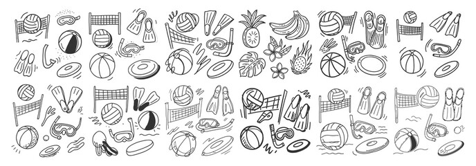 Obraz premium Comprehensive summer beach activity and tropical fruit doodle collection for holiday designs