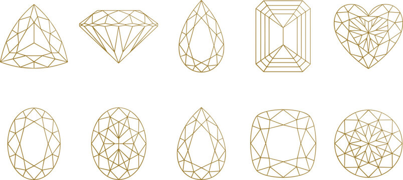Collection of luxury gold outline diamond shapes and gemstone cuts including heart pear emerald round and oval vector illustration set.