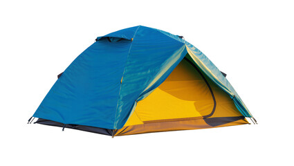 Isolated blue and yellow two-person camping tent with open flap, ready for outdoor adventure © Conor