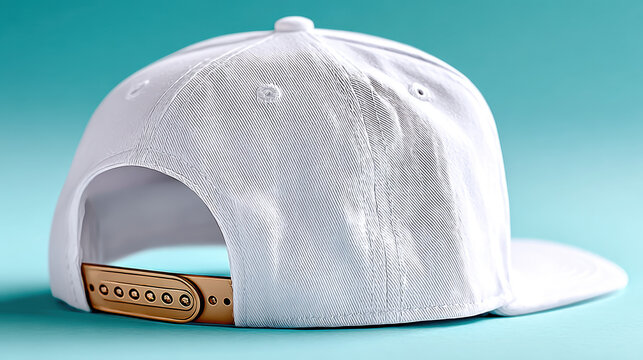 Rear detail of a white snapback cap with adjustable plastic strap and stitching for apparel mockup and product display background