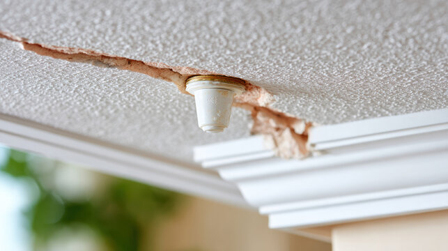 Ceiling crack and hole from pipe leak in home interior for repair guide and maintenance banner design