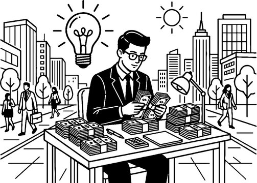 Entrepreneur counting money with lightbulb idea in city setting