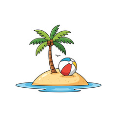 Tropical island with palm tree and beach ball cartoon illustration isolated on white background © azad