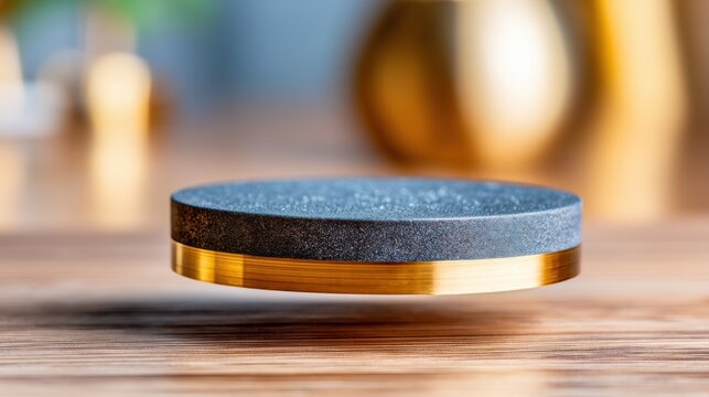 A dark ceramic material levitating over a gold plated magnetic track, room temperature superconductor, subtle frost crystals on the surface, soft warm