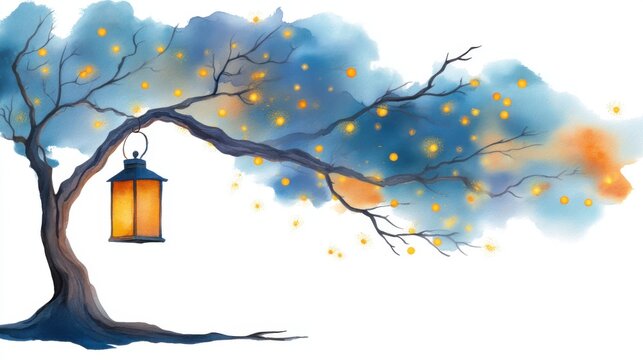 Artistic watercolor clipart of a rustic iron lantern hanging on a gnarled branch, a swarm of glowing fireflies circling it with vibrant light trails