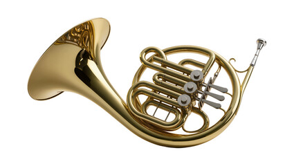 Isolated French horn, a classic orchestral brass wind instrument with shining golden metal © Conor