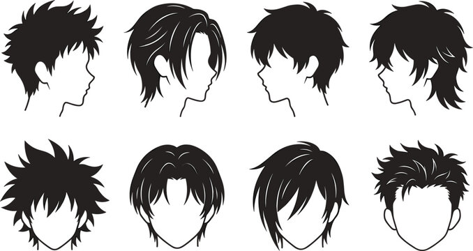 Collection of male anime hair styles vector silhouettes featuring various trendy manga character haircuts isolated on white background for design projects.