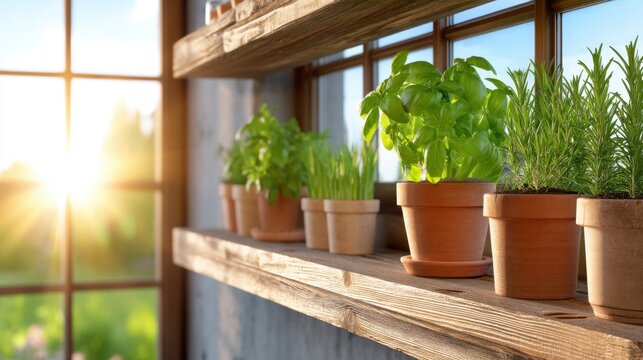 Bright close up of a minimalist wooden window shelf with many potted herb plants (basil, rosemary), sunrays hitting green leaves and terracotta pots