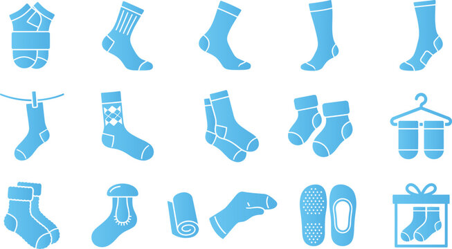 Set of various socks icons in blue flat style collection for clothing and laundry design.