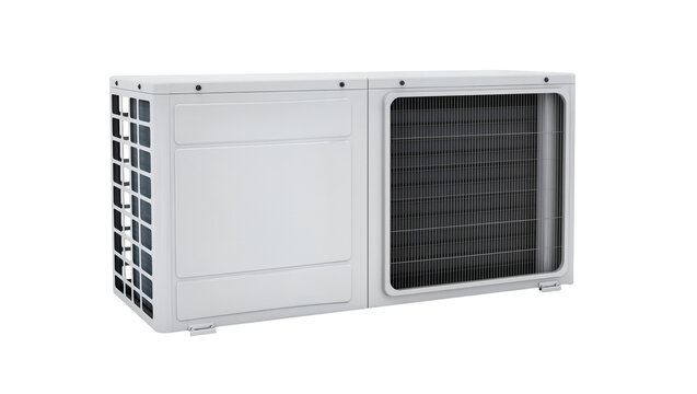 Isolated modern white outdoor air conditioning condenser unit for home and commercial use