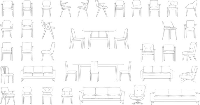 Set of furniture line art icons featuring various chairs sofas and dining tables for interior design and architectural floor plans