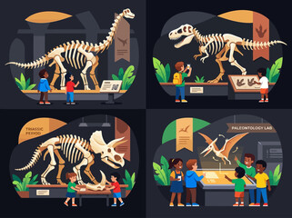 Kids Exploring Dinosaur Museum Exhibits and Paleontology Lab Vector Illustration Set © taufiq