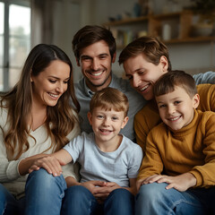 Fototapeta premium Loving Parents Playing with Child in Bright Living Room