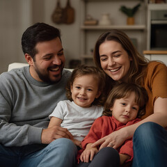 Obraz premium Smiling Parents and Children Relaxing Together on Sofa