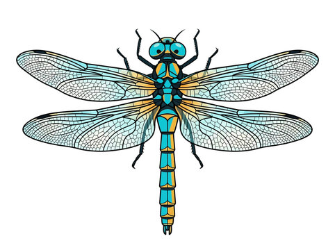 Detailed Dragonfly Vector Illustration - Stylized Blue and Orange Insect Graphic Isolated on White Background