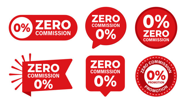 Zero commission promotion badges and labels with 0 percent symbol red color.