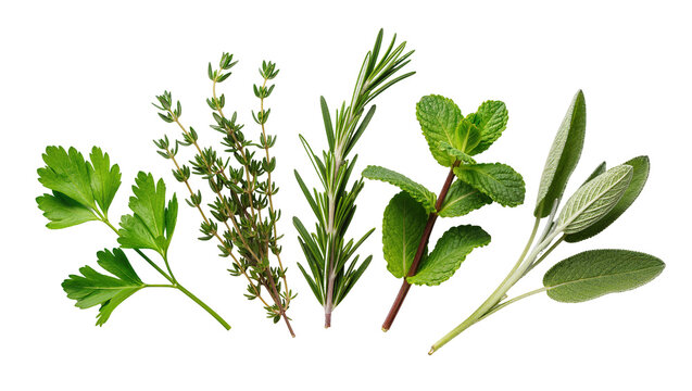 Isolated fresh green parsley, thyme, rosemary, mint, and sage culinary herbs collection