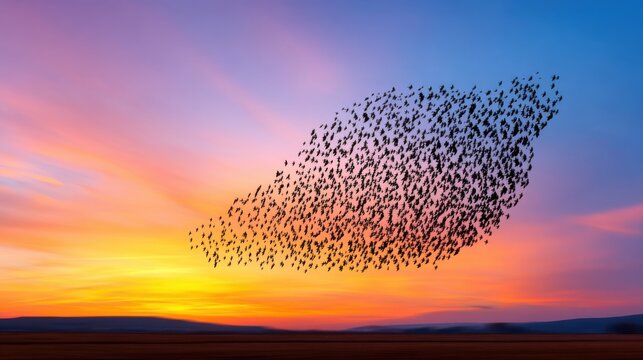 Wide shot of a massive starling murmuration, thousands of birds forming a fluid organic shape in the twilight sky, dark silhouette against a deep orange