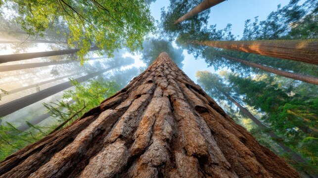 Worm's eye view looking straight up the massive trunk of an ancient Sequoia tree, bark textures in sharp focus, tree top disappearing into thick morning