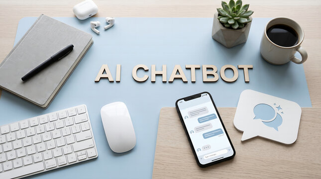 Elevated View of a Contemporary Office Desk Setup Featuring a Smartphone with Digital Messaging and the Concept of Artificial Intelligence Technology