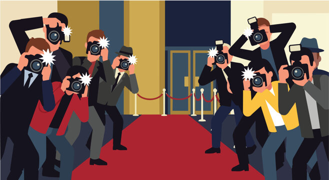 Crowd of Paparazzi Photographers with Flashing Cameras Waiting at a Red Carpet Event Entrance, Celebrity News and Media Coverage Concept, Vector Art