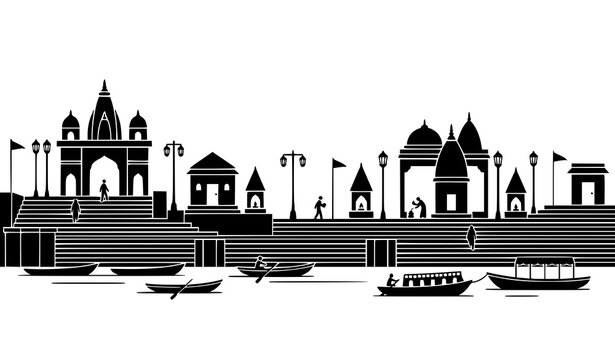 Varanasi ghats riverfront silhouette vector scene with temple arches changing rooms and Ganges architecture