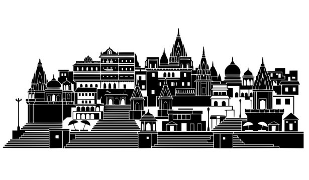 Minimal Varanasi ghats vector silhouette with temple archway riverfront and traditional cultural architecture