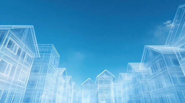 Architectural blueprint illustration of modern residential buildings against blue sky