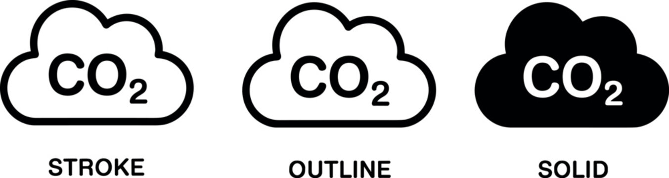 Carbon dioxide CO2 emissions cloud icon set featuring environmental pollution and climate change symbols in stroke outline and solid vector 