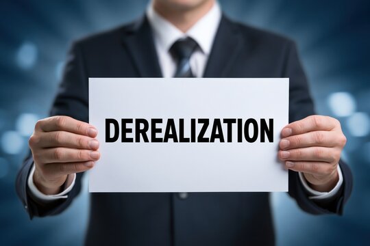 Businessman in a suit holding a sign with Derealization