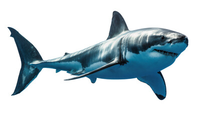 Obraz premium Isolated great white shark, a powerful and fearsome marine predator, swimming in profile.