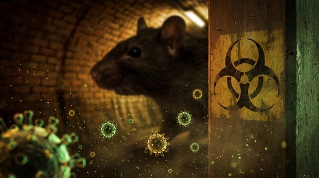 Hantaviruse close-up of a rat's head emerging from a dark tunnel, with infectious virus particles hantaviruse