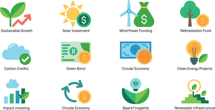 Set of sustainable green energy and environmental finance icons featuring solar investment carbon credits circular economy and renewable infrastructure for eco friendly business