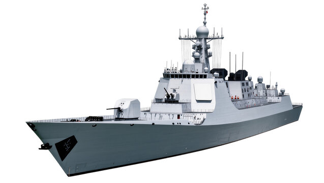 Isolated modern grey warship, advanced naval destroyer or frigate with complex radar systems