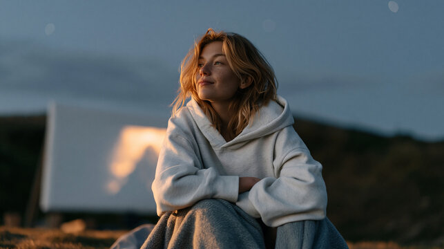 Young woman at an outdoor cinema under a wide open summer night sky, blanket wrapped around her knees, projected film glowing on a large white screen behind her, stars visible above, seasonal entert