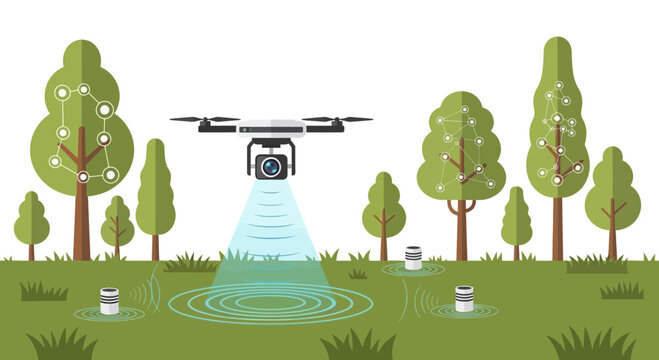 Drone scanning forest with sensors for environmental monitoring and data collection