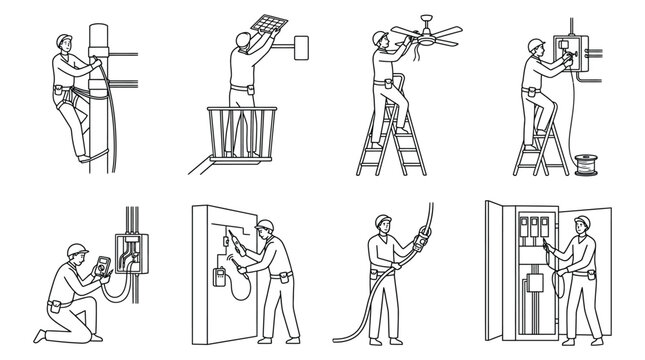 electricians at work line drawing illustrations set